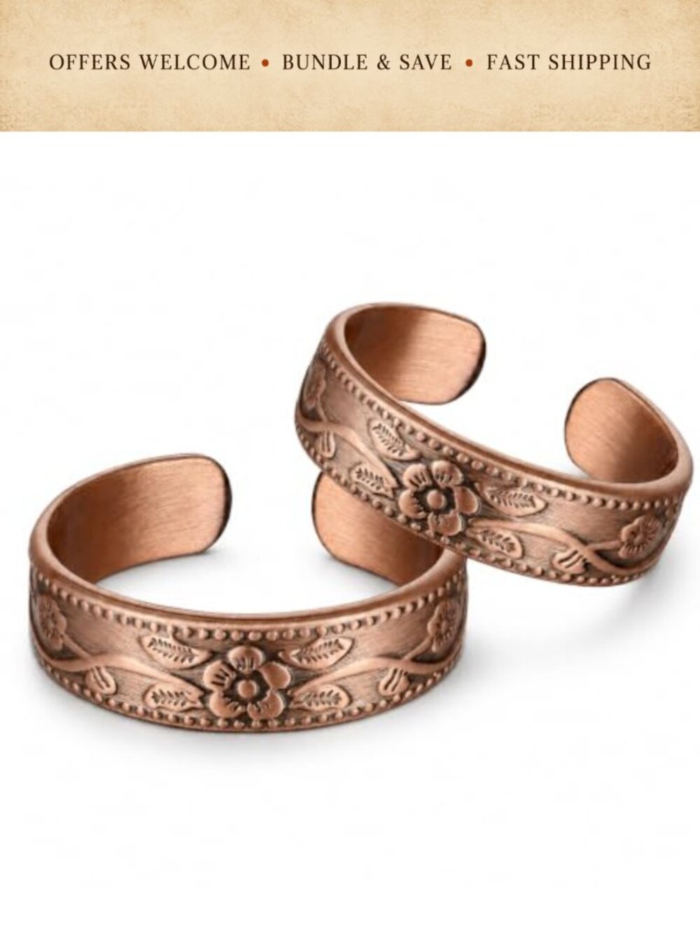 99.99% Pure Copper Tibetan Floral Ring Adjustable Open Band Unisex Retro